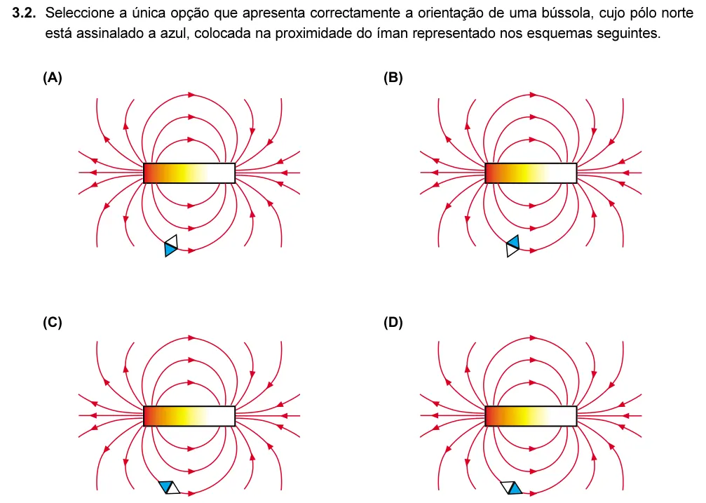Exercise 3.2 — 3.2. Seleccione a única opção que apresenta correctamente a orientação de uma bússola, cujo pólo norte está assinalado a azul, colocada na proximidade do íman representado nos esquemas seguintes. 1 2 1 2 1 2 1 2