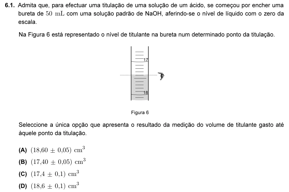 Exercise 6.1 — 6.1. Admita que, para efectuar uma titulação de uma solução de um ácido, se começou por encher uma bureta de 50 mL com uma solução padrão de NaOH, aferindo-se o nível de líquido com o zero da escala. Na Figura 6 está…