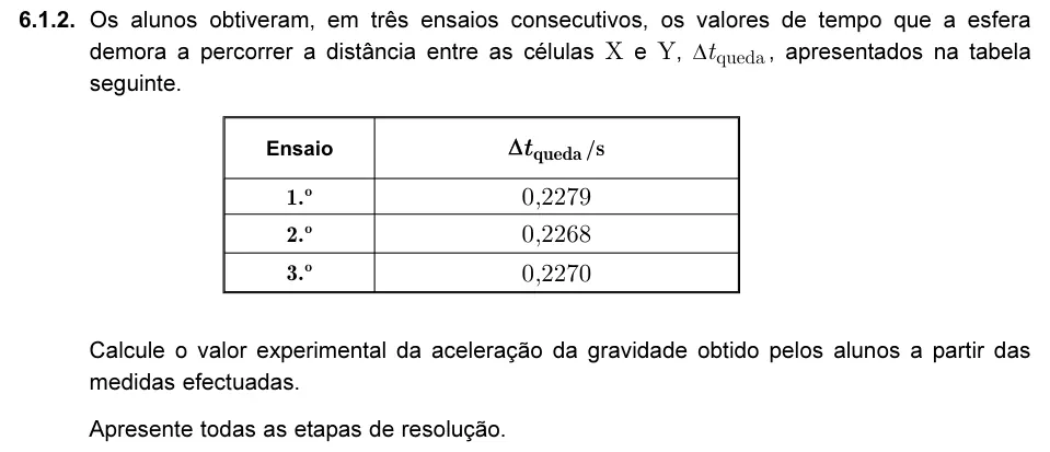Exercise 6.1.2 — 6.1.2. Os alunos obtiveram, em três ensaios consecutivos, os valores de tempo que a esfera demora a percorrer a distância entre as células X e Y, ∆tqueda , apresentados na tabela seguinte. Calcule o valor experimental…