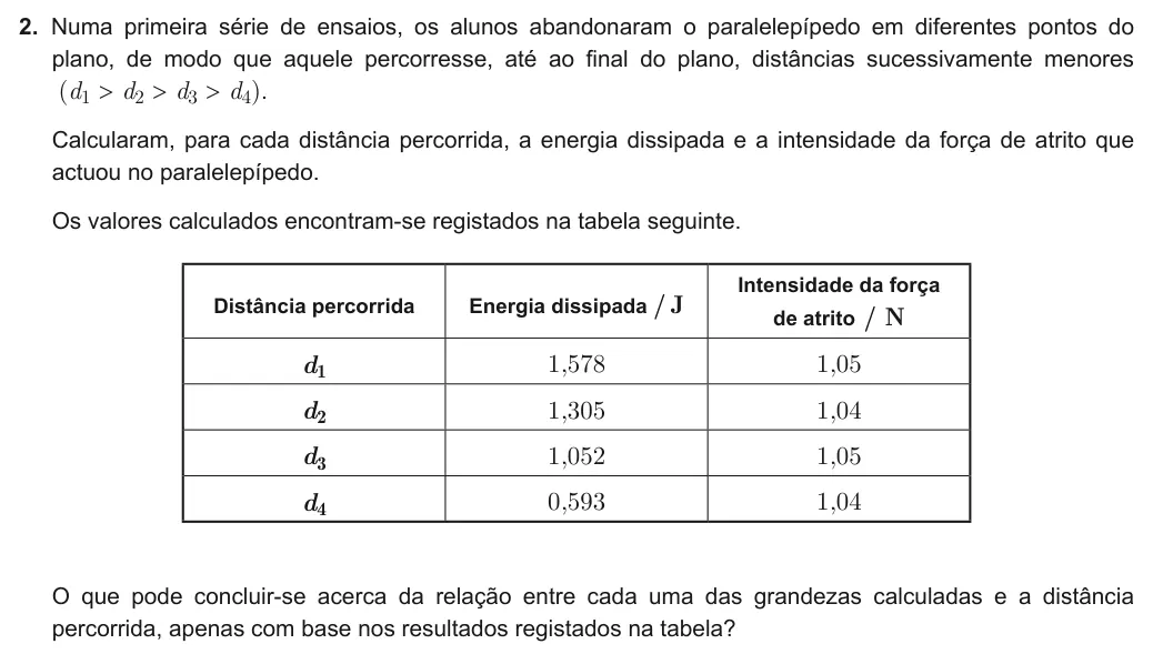 Exercise Part II · 2 — 2. Numa primeira série de ensaios, os alunos abandonaram o paralelepípedo em diferentes pontos do plano, de modo que aquele percorresse, até ao final do plano, distâncias sucessivamente menores (d1 > d2 > d3 > d4).…