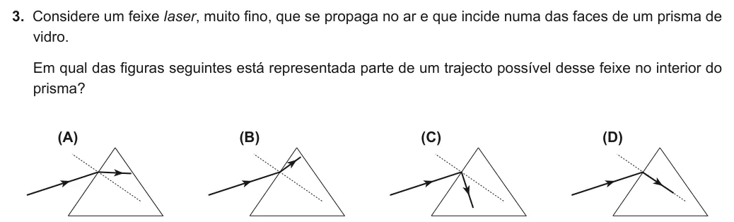Exercise Part I · 3 — 3. Considere um feixe laser, muito fino, que se propaga no ar e que incide numa das faces de um prisma de vidro. Em qual das figuras seguintes está representada parte de um trajecto possível desse feixe no interior do…