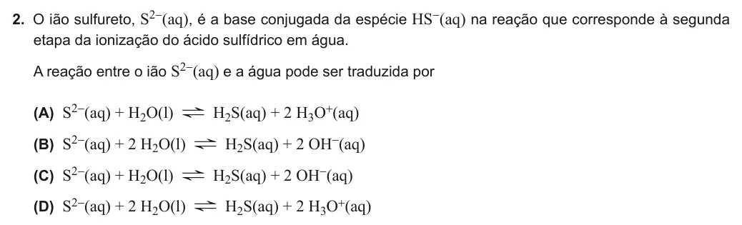 Exercise Part III · 2 — 2. O ião sulfureto, S2-(aq), é a base conjugada da espécie HS-(aq) na reação que corresponde à segunda etapa da ionização do ácido sulfídrico em água. A reação entre o ião S2-(aq) e a água pode ser traduzida por (A)…