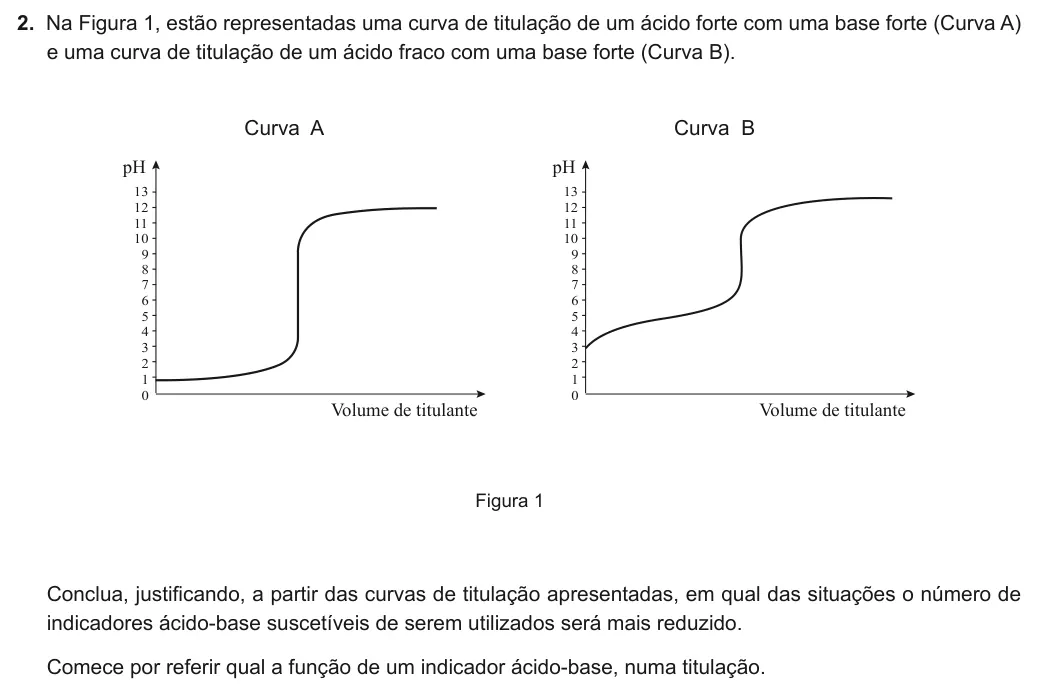 Exercise Part V · 2 — 2. Na Figura 1, estão representadas uma curva de titulação de um ácido forte com uma base forte (Curva A) e uma curva de titulação de um ácido fraco com uma base forte (Curva B). Figura 1 13 12 11 10 9 8 7 6 5 4 3 2 1 0…