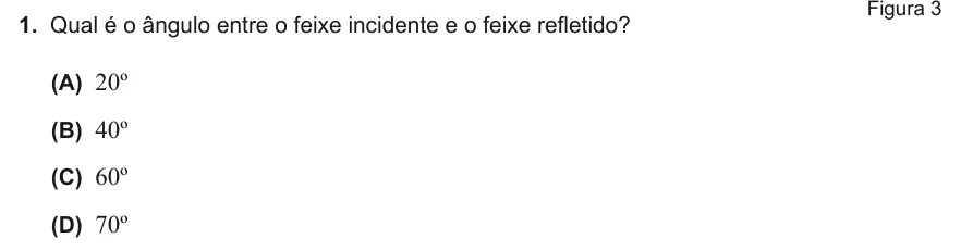 Exercise Part III · 1 — 1. Qual é o ângulo entre o feixe incidente e o feixe refletido? (A) 20º (B) 40º (C) 60º (D) 70º Figura 3