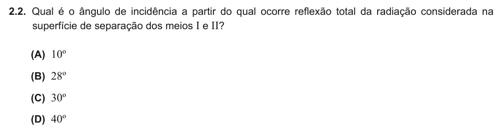 Exercise Part III · 2.2 — 2.2. Qual é o ângulo de incidência a partir do qual ocorre reflexão total da radiação considerada na superfície de separação dos meios I e II? (A) 10º (B) 28º (C) 30º (D) 40º