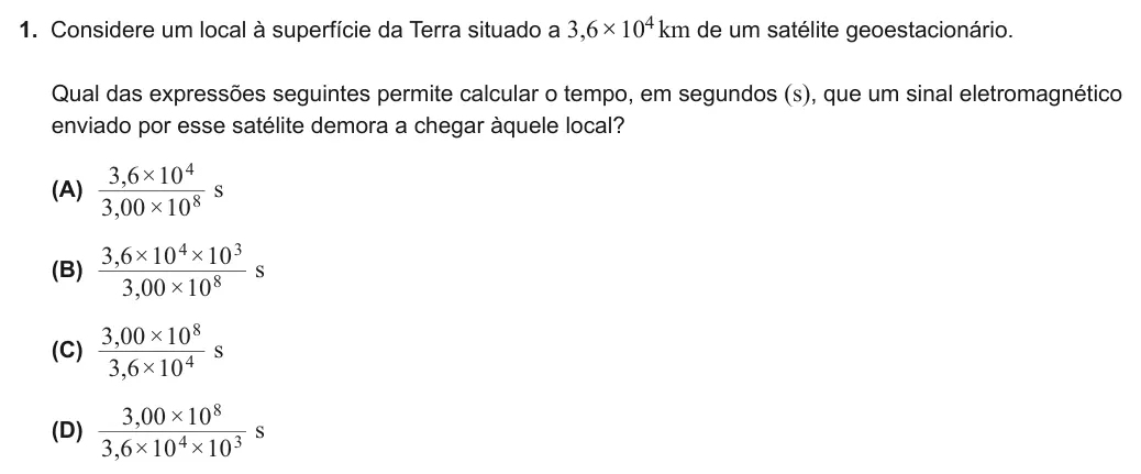 Exercise Part I · 1 — 1. Considere um local à superfície da Terra situado a 3,6×104km de um satélite geoestacionário. Qual das expressões seguintes permite calcular o tempo, em segundos (s), que um sinal eletromagnético enviado por esse…