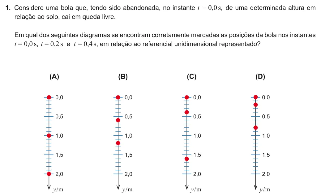 Exercise Part III · 1 — 1. Considere uma bola que, tendo sido abandonada, no instante t = 0,0s, de uma determinada altura em relação ao solo, cai em queda livre. Em qual dos seguintes diagramas se encontram corretamente marcadas as posições da…