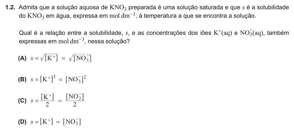 Exercise Part VI · 1.2 — 1.2. Admita que a solução aquosa de KNO3 preparada é uma solução saturada e que s é a solubilidade do KNO3 em água, expressa em mol dm-3, à temperatura a que se encontra a solução. Qual é a relação entre a solubilidade,…
