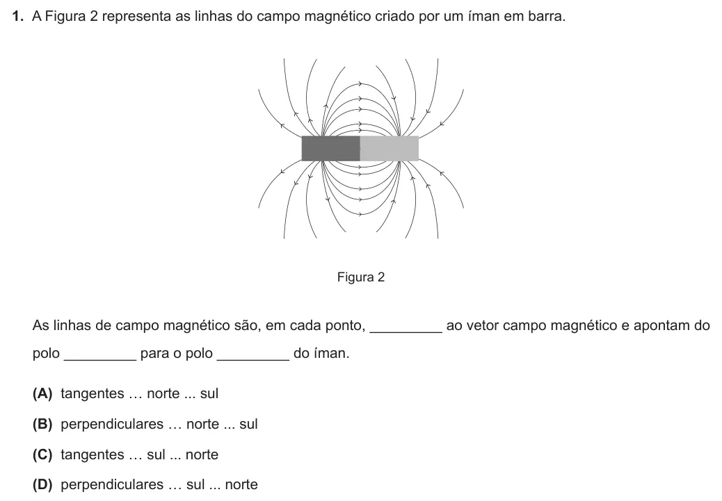 Exercise Part VII · 1 — 1. A Figura 2 representa as linhas do campo magnético criado por um íman em barra. Figura 2 As linhas de campo magnético são, em cada ponto, _________ ao vetor campo magnético e apontam do polo _________ para o polo…