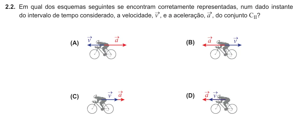 Exercise Part II · 2.2 — 2.2. Em qual dos esquemas seguintes se encontram corretamente representadas, num dado instante do intervalo de tempo considerado, a velocidade, v→, e a aceleração, a→, do conjunto CII? (A) →a →v (B) →a →v (C) →a →v (D)…