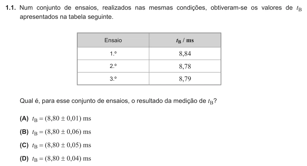 Exercise Part V · 1.1 — 1.1. Num conjunto de ensaios, realizados nas mesmas condições, obtiveram-se os valores de tB apresentados na tabela seguinte. Ensaio tB / ms 1.º 8,84 2.º 8,78 3.º 8,79 Qual é, para esse conjunto de ensaios, o resultado…