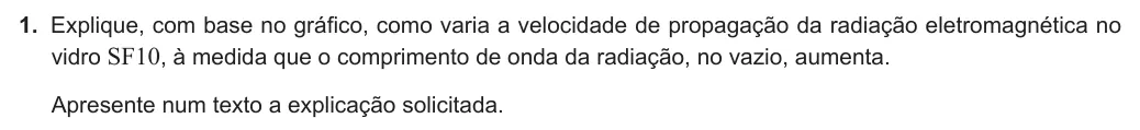 Exercise Part III · 1 — 1. Explique, com base no gráfico, como varia a velocidade de propagação da radiação eletromagnética no vidro SF10, à medida que o comprimento de onda da radiação, no vazio, aumenta. Apresente num texto a explicação…