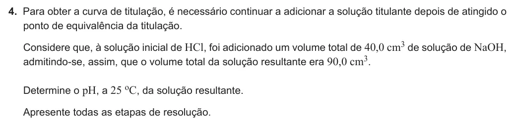 Exercise Part IV · 4 — 4. Para obter a curva de titulação, é necessário continuar a adicionar a solução titulante depois de atingido o ponto de equivalência da titulação. Considere que, à solução inicial de HCl, foi adicionado um volume total…