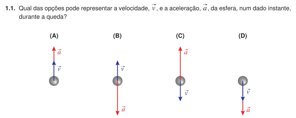 Exercise Part II · 1.1 — 1.1. Qual das opções pode representar a velocidade, v , e a aceleração, a, da esfera, num dado instante, durante a queda? (A) (B) (C) (D) a v a a a v v v