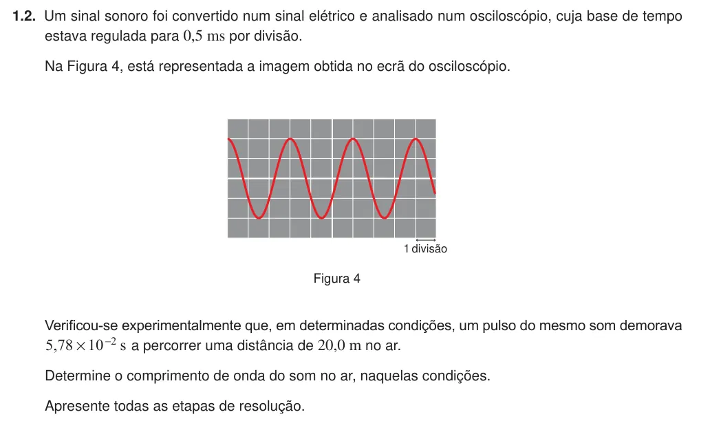Exercício Grupo III · 1.2 — 1.2. Um sinal sonoro foi convertido num sinal elétrico e analisado num osciloscópio, cuja base de tempo estava regulada para 0,5 ms por divisão. Na Figura 4, está representada a imagem obtida no ecrã do osciloscópio. 1…