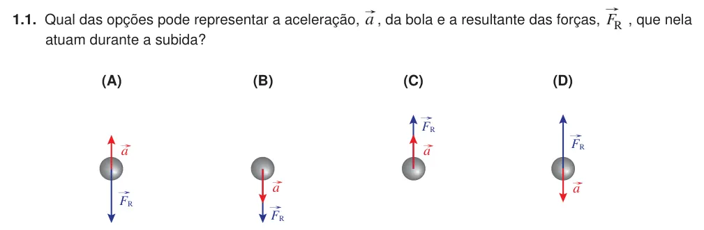 Exercise Part I · 1.1 — 1.1. Qual das opções pode representar a aceleração, a , da bola e a resultante das forças, R F , que nela atuam durante a subida? (A) (B) (C) (D) FR a FR a FR a FR a