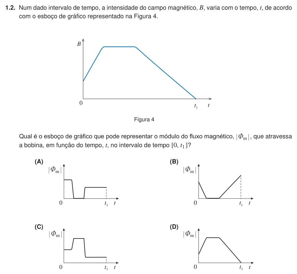 Exercise Part IV · 1.2 — 1.2. Num dado intervalo de tempo, a intensidade do campo magnético, B, varia com o tempo, t, de acordo com o esboço de gráfico representado na Figura 4. B t 0 t1 Figura 4 Qual é o esboço de gráfico que pode representar…