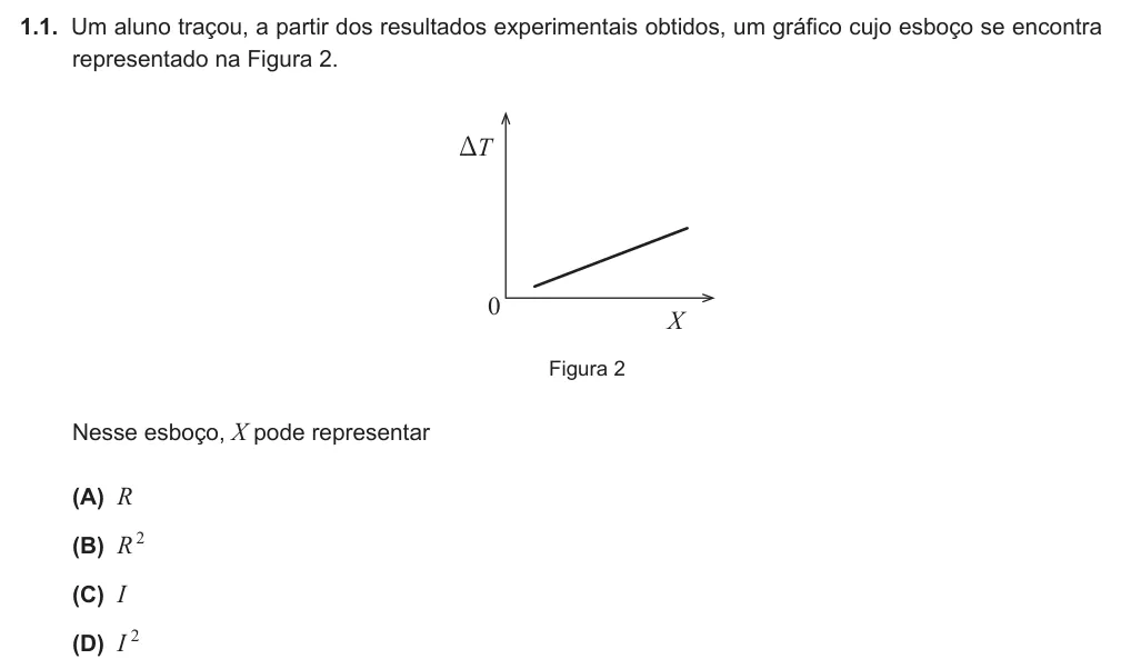 Exercise Part III · 1.1 — 1.1. Um aluno traçou, a partir dos resultados experimentais obtidos, um gráfico cujo esboço se encontra representado na Figura 2. DT X 0 Figura 2 Nesse esboço, X pode representar (A) R (B) R 2 (C) I (D) I 2