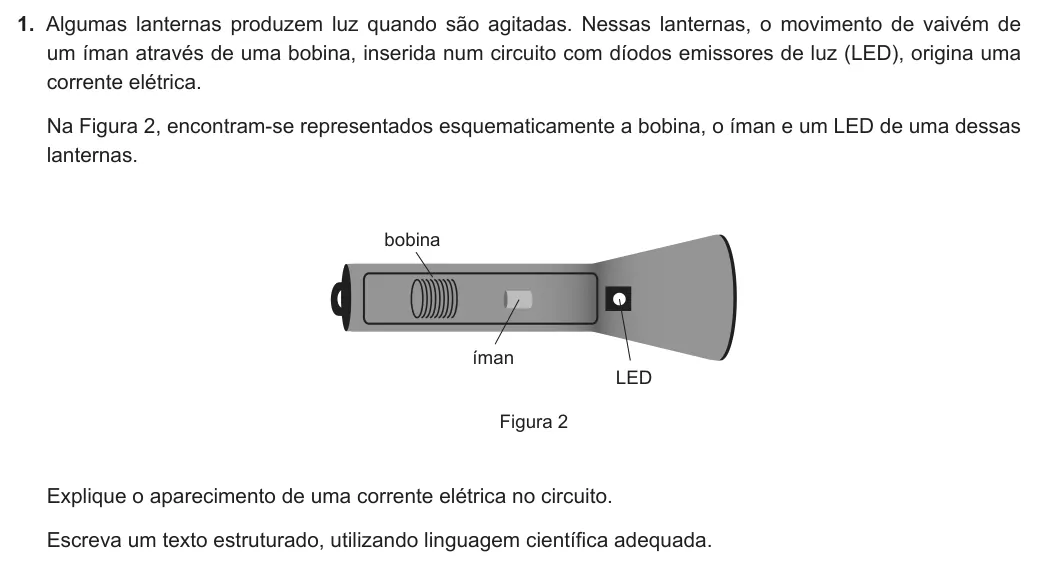 Exercise Part III · 1 — 1. Algumas lanternas produzem luz quando são agitadas. Nessas lanternas, o movimento de vaivém de um íman através de uma bobina, inserida num circuito com díodos emissores de luz (LED), origina uma corrente elétrica. Na…