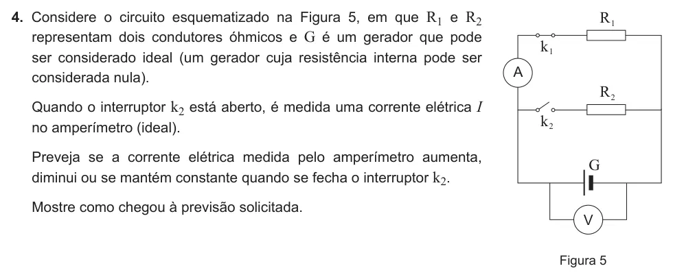 Exercise Part III · 4 — 4. Considere o circuito esquematizado na Figura 5, em que R1 e R2 representam dois condutores óhmicos e G é um gerador que pode ser considerado ideal (um gerador cuja resistência interna pode ser considerada nula).…