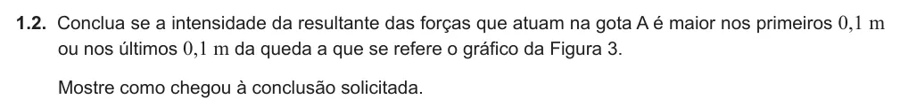 Exercise Part II · 1.2 — 1.2. Conclua se a intensidade da resultante das forças que atuam na gota A é maior nos primeiros 0,1 m ou nos últimos 0,1 m da queda a que se refere o gráfico da Figura 3. Mostre como chegou à conclusão solicitada.