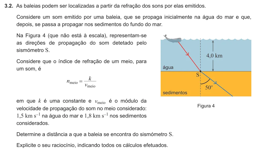 Exercise Part III · 3.2 — 3.2. As baleias podem ser localizadas a partir da refração dos sons por elas emitidos. Considere um som emitido por uma baleia, que se propaga inicialmente na água do mar e que, depois, se passa a propagar nos…