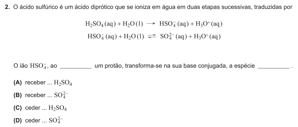 Exercise Part VI · 2 — 2. O ácido sulfúrico é um ácido diprótico que se ioniza em água em duas etapas sucessivas, traduzidas por H2SO4 (aq ) + H2O ( l ) " HSO4- (aq ) + H3O+ (aq ) HSO4- (aq ) + H2O ( l ) ? SO2 4- (aq ) + H3O+ (aq ) O ião…