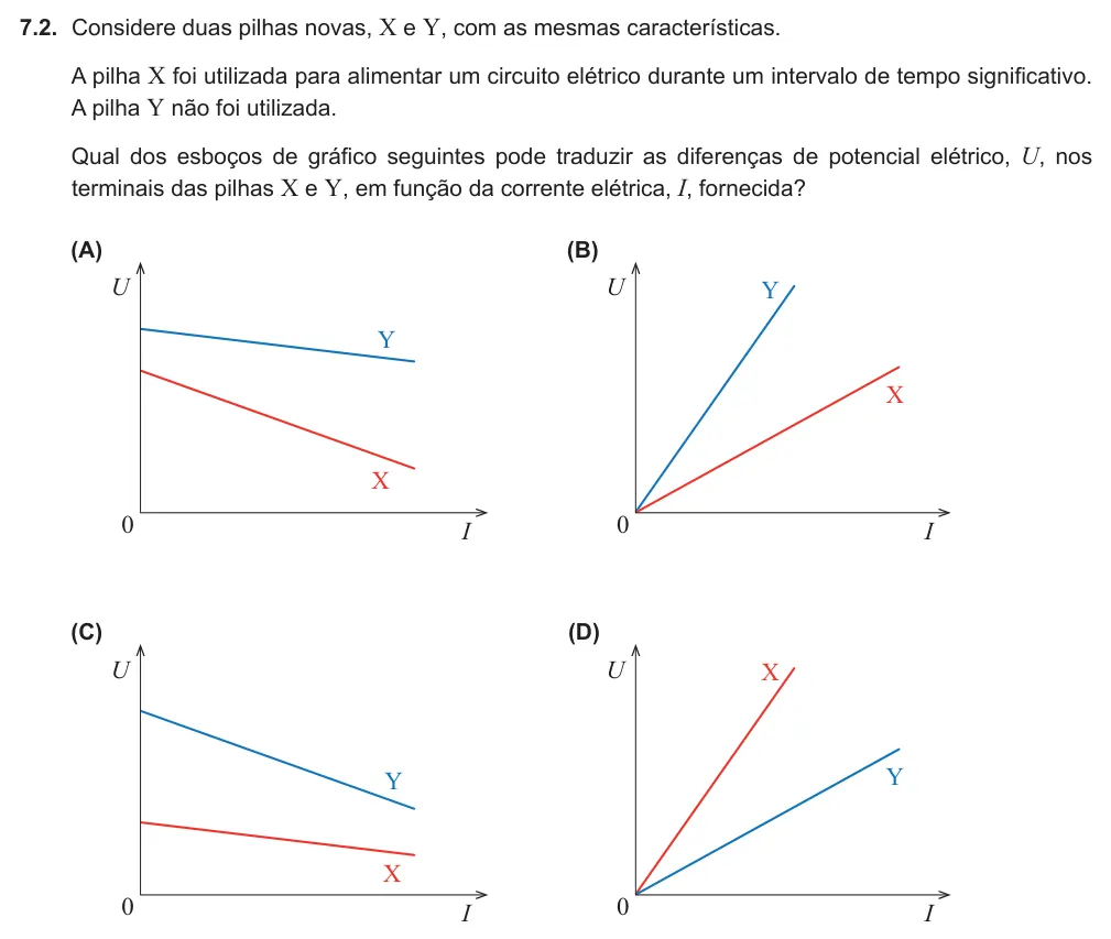 Exercise 7.2 — 7.2. Considere duas pilhas novas, X e Y, com as mesmas características. A pilha X foi utilizada para alimentar um circuito elétrico durante um intervalo de tempo significativo. A pilha Y não foi utilizada. Qual dos…