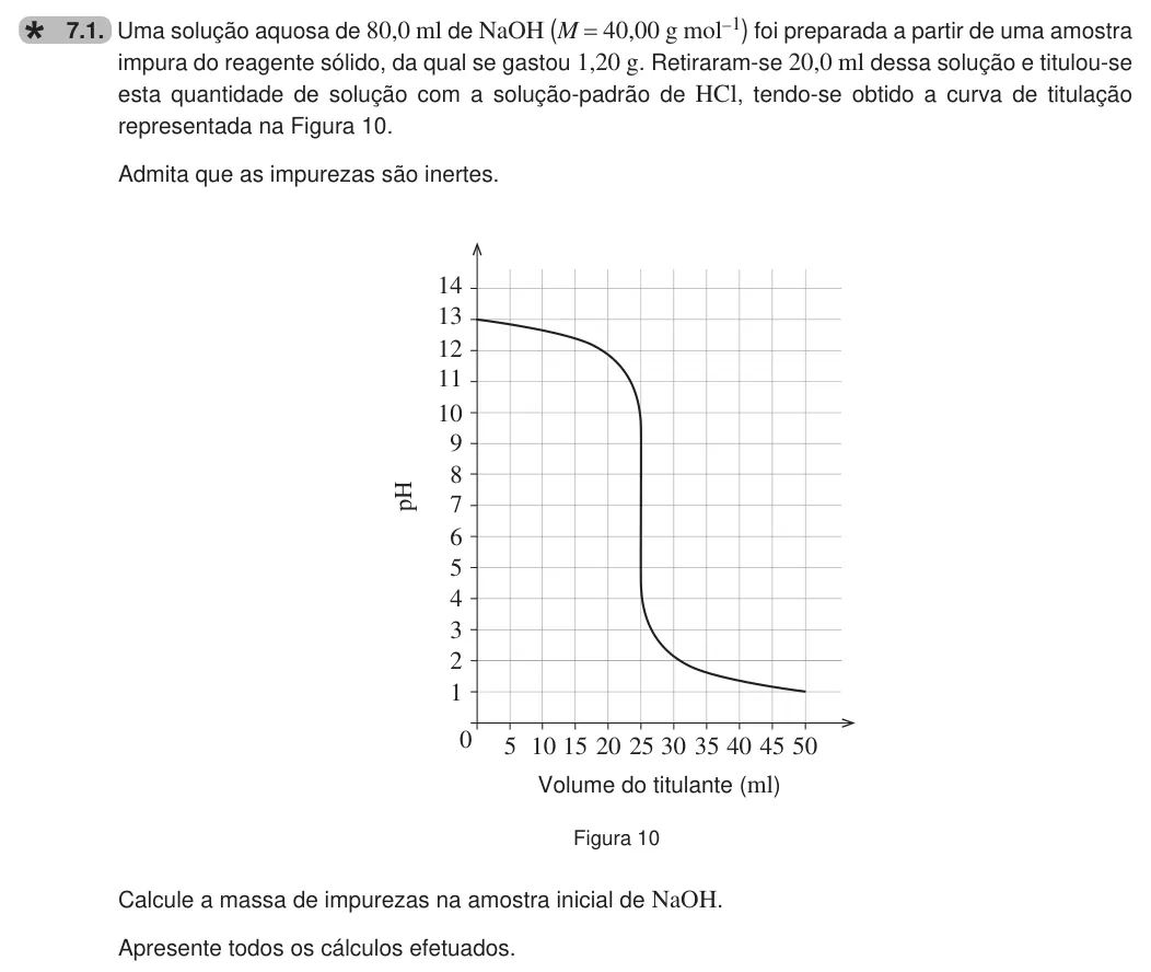 Exercise 7.1 — 7.1. Uma solução aquosa de 80,0 ml de NaOH (M = 40,00 g mol-1) foi preparada a partir de uma amostra impura do reagente sólido, da qual se gastou 1,20 g. Retiraram-se 20,0 ml dessa solução e titulou-se esta quantidade…