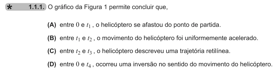 Exercise 1.1.1 — 1.1.1. O gráfico da Figura 1 permite concluir que, (A) entre 0 e t1 , o helicóptero se afastou do ponto de partida. (B) entre t1 e t2 , o movimento do helicóptero foi uniformemente acelerado. (C) entre t2 e t3 , o…