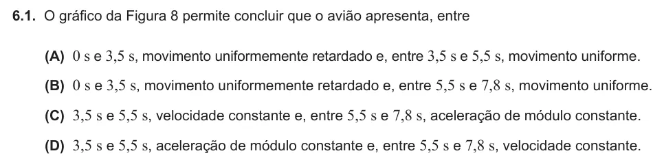 Exercise 6.1 — 6.1. O gráfico da Figura 8 permite concluir que o avião apresenta, entre (A) 0 s e 3,5 s, movimento uniformemente retardado e, entre 3,5 s e 5,5 s, movimento uniforme. (B) 0 s e 3,5 s, movimento uniformemente retardado…