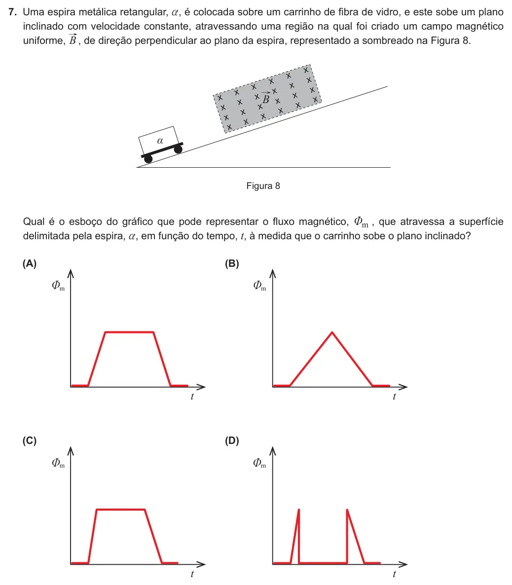 Exercise 7 — 7. Uma espira metálica retangular, a, é colocada sobre um carrinho de fibra de vidro, e este sobe um plano inclinado com velocidade constante, atravessando uma região na qual foi criado um campo magnético uniforme, B ,…