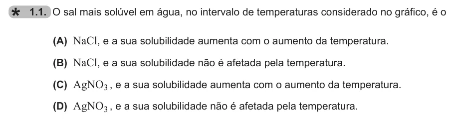 Exercise 1.1 — 1.1. O sal mais solúvel em água, no intervalo de temperaturas considerado no gráfico, é o (A) NaCl, e a sua solubilidade aumenta com o aumento da temperatura. (B) NaCl, e a sua solubilidade não é afetada pela…