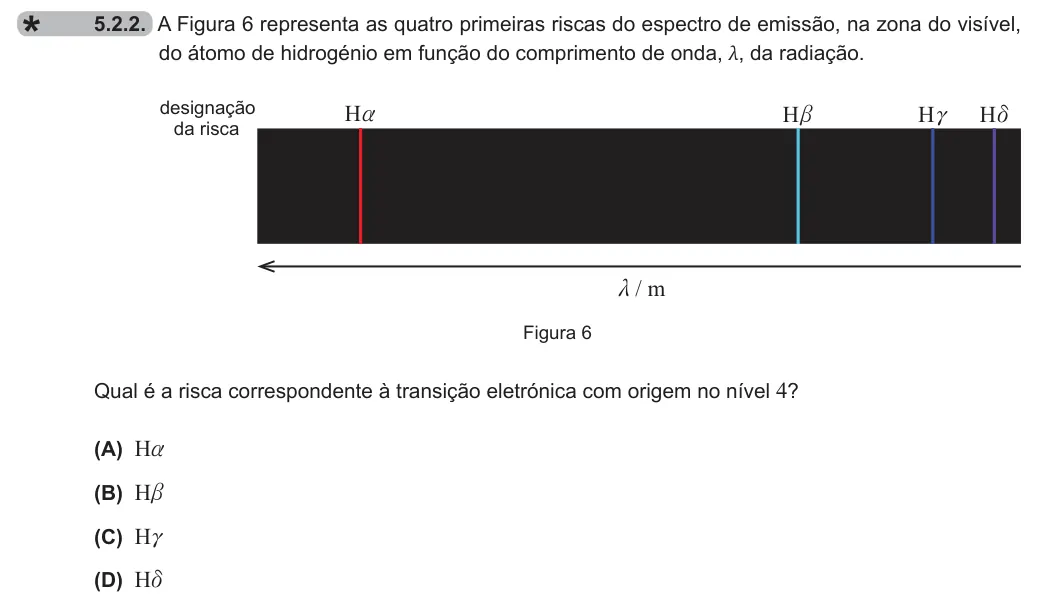 Exercise 5.2.2 — 5.2.2. A Figura 6 representa as quatro primeiras riscas do espectro de emissão, na zona do visível, do átomo de hidrogénio em função do comprimento de onda, λ, da radiação. designação da risca m / m Ha Hb Hc Hd Figura 6…