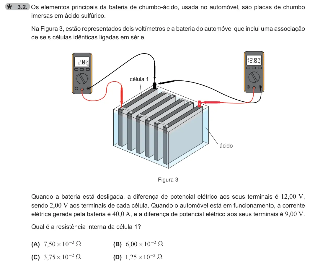 Exercise 3.2 — 3.2. Os elementos principais da bateria de chumbo-ácido, usada no automóvel, são placas de chumbo imersas em ácido sulfúrico. Na Figura 3, estão representados dois voltímetros e a bateria do automóvel que inclui uma…