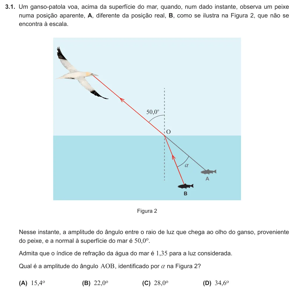 Exercise 3.1 — 3.1. Um ganso-patola voa, acima da superfície do mar, quando, num dado instante, observa um peixe numa posição aparente, A, diferente da posição real, B, como se ilustra na Figura 2, que não se encontra à escala. 50,0o…