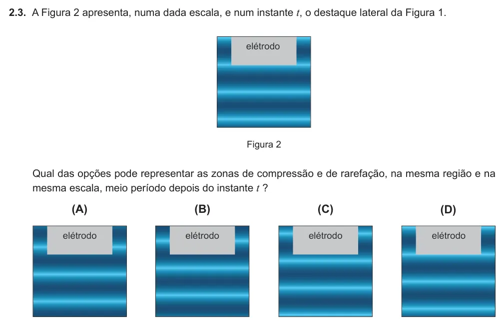 Exercício 2.3 — 2.3. A Figura 2 apresenta, numa dada escala, e num instante t, o destaque lateral da Figura 1. elétrodo Figura 2 Qual das opções pode representar as zonas de compressão e de rarefação, na mesma região e na mesma escala,…