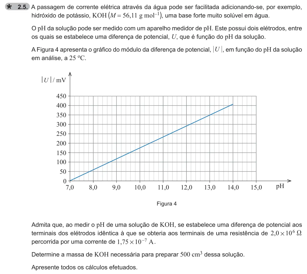 Exercise 2.5 — 2.5. A passagem de corrente elétrica através da água pode ser facilitada adicionando-se, por exemplo, hidróxido de potássio, KOH (M = 56,11 g mol-1), uma base forte muito solúvel em água. O pH da solução pode ser medido…