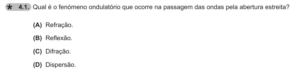 Exercise 4.1 — 4.1. Qual é o fenómeno ondulatório que ocorre na passagem das ondas pela abertura estreita? (A) Refração. (B) Reflexão. (C) Difração. (D) Dispersão.