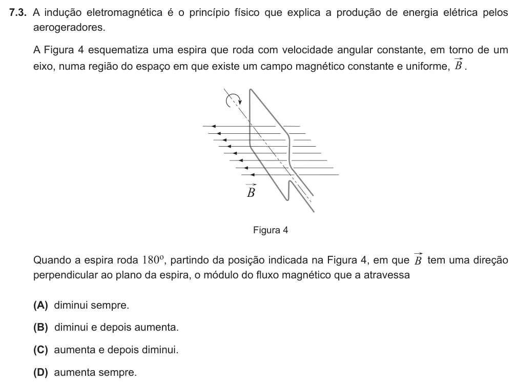 Exercise 7.3 — 7.3. A indução eletromagnética é o princípio físico que explica a produção de energia elétrica pelos aerogeradores. A Figura 4 esquematiza uma espira que roda com velocidade angular constante, em torno de um eixo, numa…