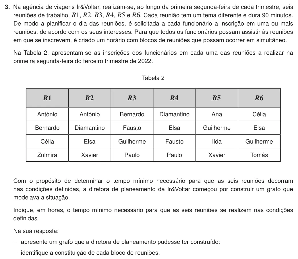 Exercise 3 — 3. Na agência de viagens Ir&Voltar, realizam-se, ao longo da primeira segunda-feira de cada trimestre, seis reuniões de trabalho, R1, R2, R3, R4, R5 e R6. Cada reunião tem um tema diferente e dura 90 minutos. De modo a…
