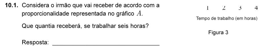 Exercise 10.1 — 10.1. Considera o irmão que vai receber de acordo com a proporcionalidade representada no gráfico A. Que quantia receberá, se trabalhar seis horas? Resposta: ________________________________ 1 2 3 4 Tempo de trabalho…