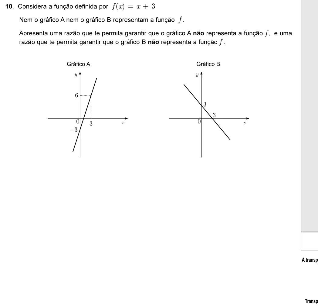 Exercise 10 — 10. Considera a função definida por f(x) = x + 3 Nem o gráfico A nem o gráfico B representam a função f . Apresenta uma razão que te permita garantir que o gráfico A não representa a função f , e uma razão que te…