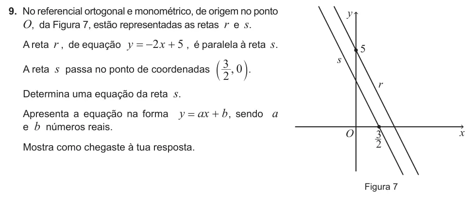Exercise 9 — 9. No referencial ortogonal e monométrico, de origem no ponto O, da Figura 7, estão representadas as retas r e s. A reta r , de equação y x 2 5 = − + , é paralela à reta s. A reta s passa no ponto de coordenadas , 2 3 0…