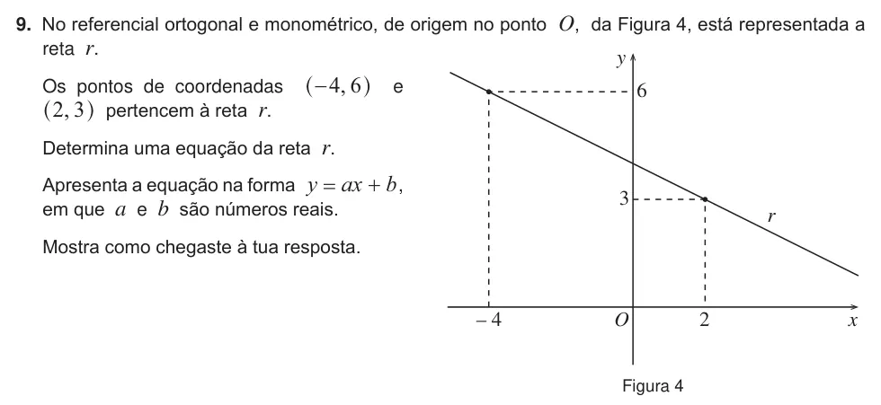 Exercise 9 — 9. No referencial ortogonal e monométrico, de origem no ponto O, da Figura 4, está representada a reta r. Os pontos de coordenadas ,4 6 − ^ h e ,2 3 ^ h pertencem à reta r. Determina uma equação da reta r. Apresenta a…