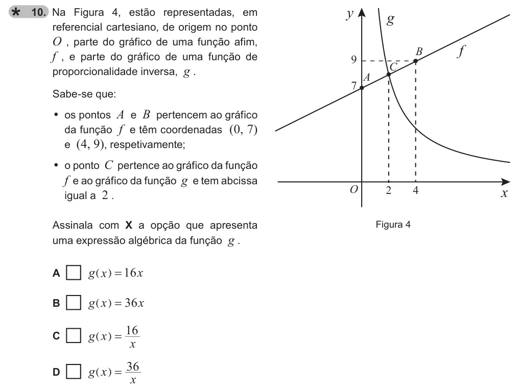 Exercise 10 — 10. Na Figura 4, estão representadas, em referencial cartesiano, de origem no ponto O , parte do gráfico de uma função afim, f , e parte do gráfico de uma função de proporcionalidade inversa, g . Sabe-se que: • os…