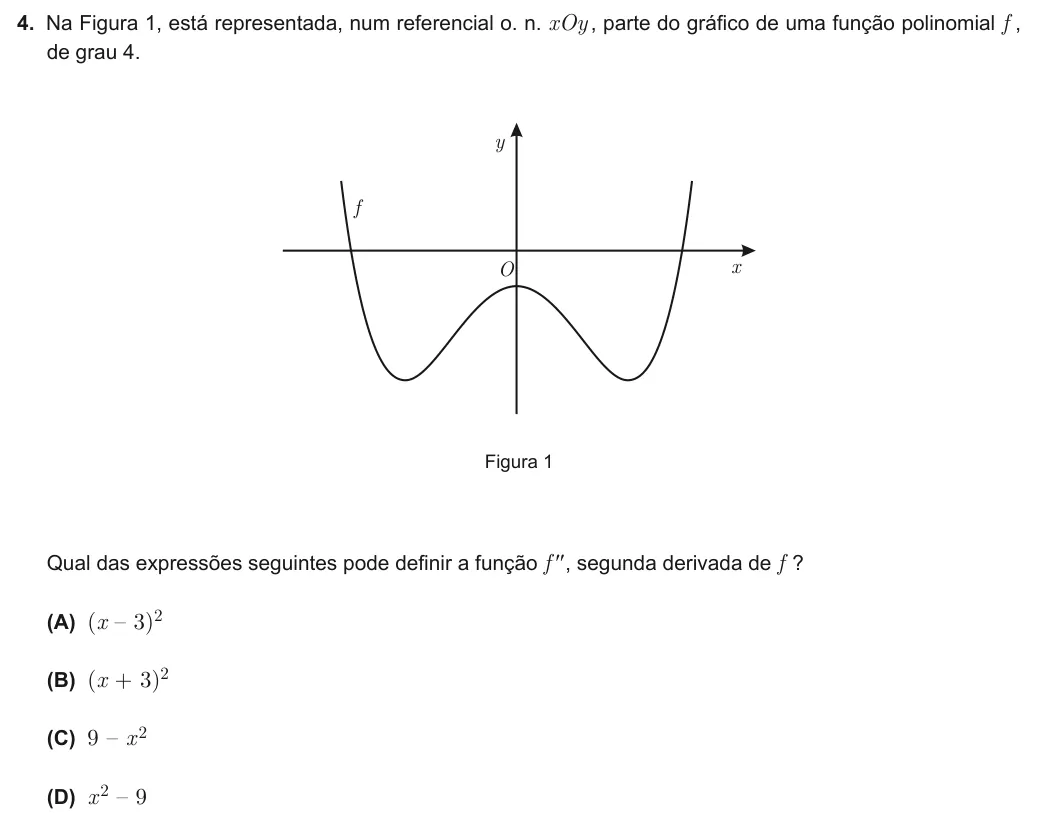 Exercise Part I · 4 — 4. Na Figura 1, está representada, num referencial o. n. xOy , parte do gráfico de uma função polinomial f , de grau 4. O y x f Figura 1 Qual das expressões seguintes pode definir a função f ′′, segunda derivada de f ?…