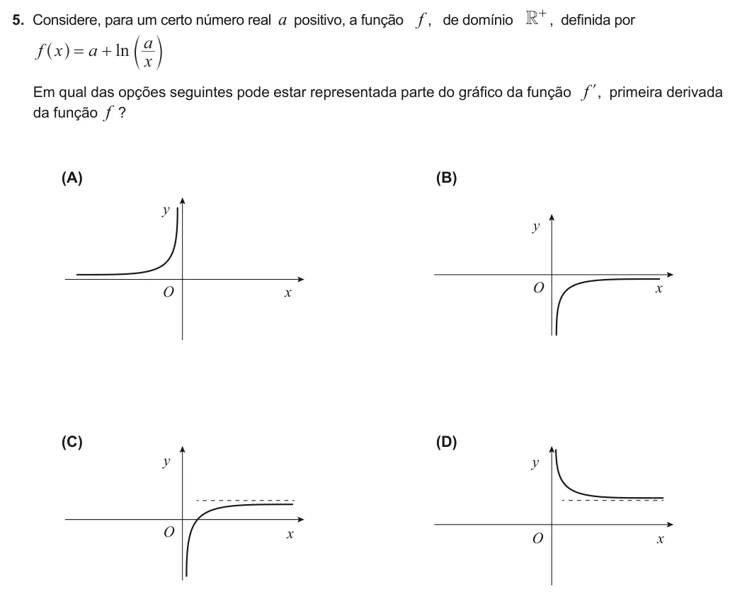 Exercise Part I · 5 — 5. Considere, para um certo número real a positivo, a função f , de domínio + R , definida por ln f x a x a = + ^ c h m Em qual das opções seguintes pode estar representada parte do gráfico da função f l, primeira…