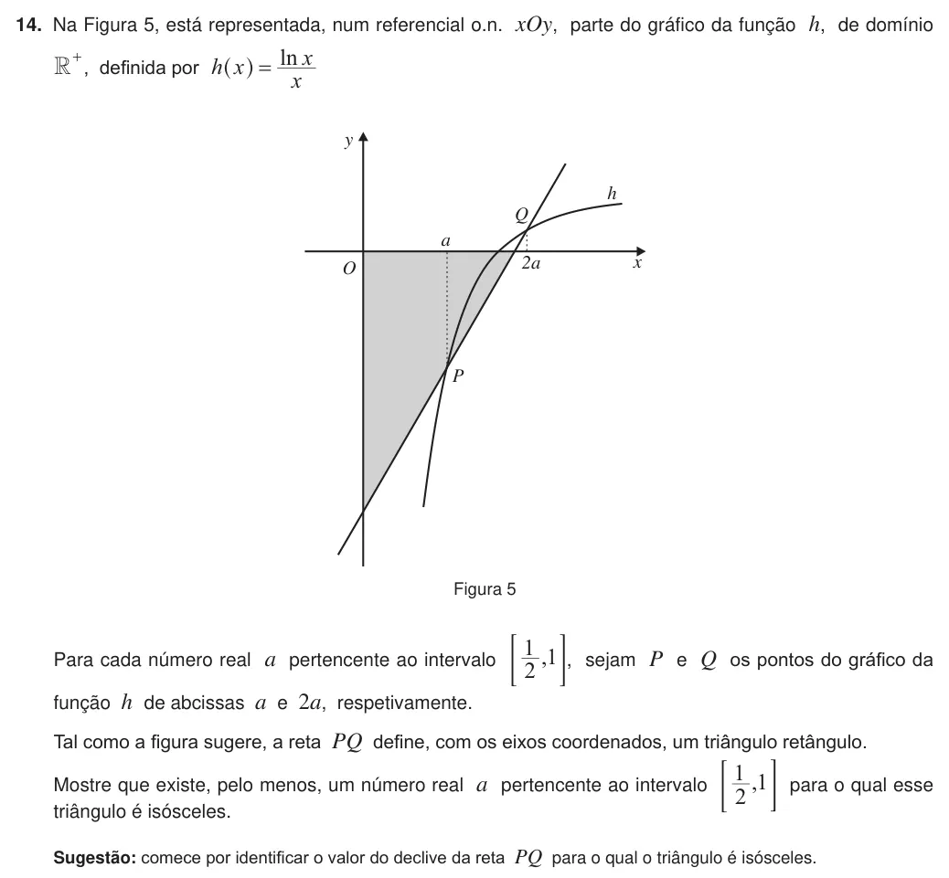 Exercise 14 — 14. Na Figura 5, está representada, num referencial o.n. xOy, parte do gráfico da função h, de domínio + R , definida por ln h x x x = ^ h Para cada número real a pertencente ao intervalo , 2 1 1 < F, sejam P e Q os…