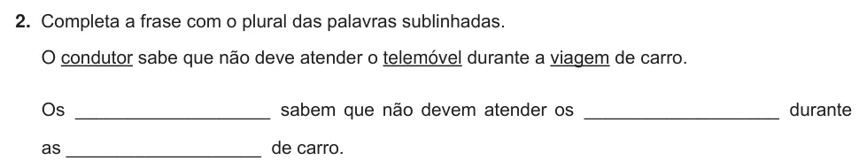 Exercise Part III · 2 — 2. Completa a frase com o plural das palavras sublinhadas. O condutor sabe que não deve atender o telemóvel durante a viagem de carro. Os ___________________ sabem que não devem atender os ___________________ durante as…